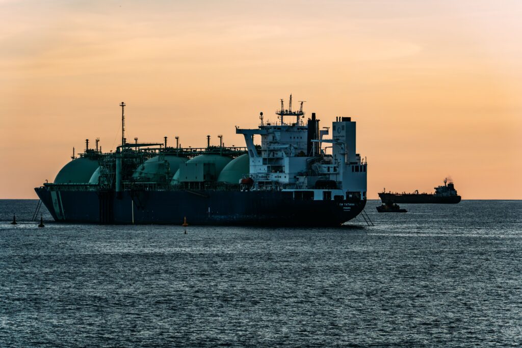 LNG carrier at sea at sunset